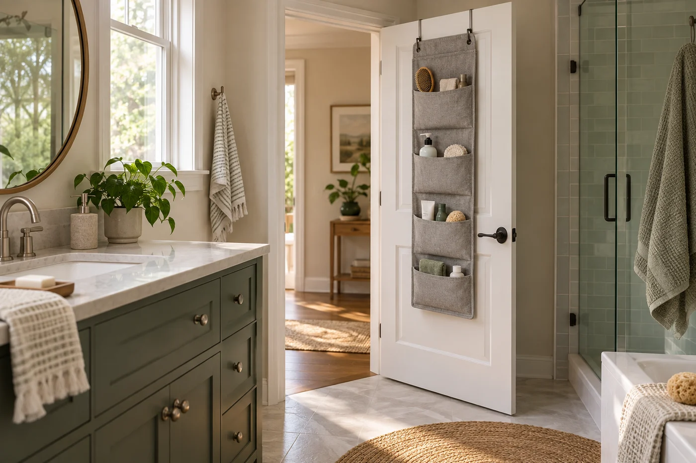 Bathroom door open with shallow hanging organizer clear of handle and frame.