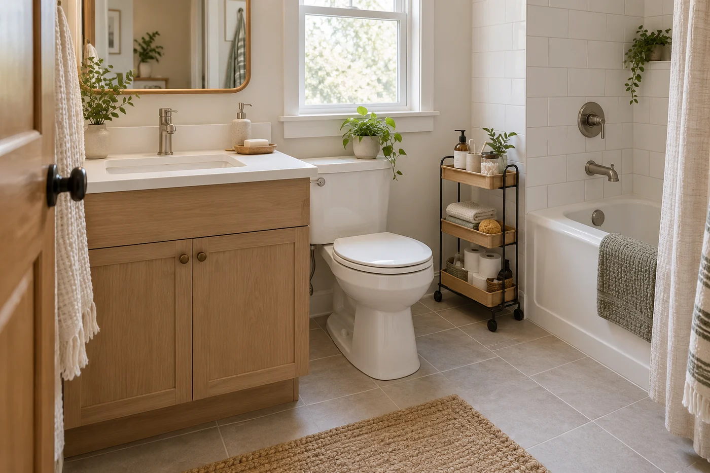 Compact rental bathroom with removable caddy uncluttered sink and clear floor route.