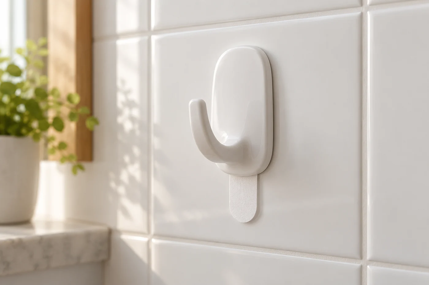 Smooth tile and empty removable bathroom hook with accessible release tab.