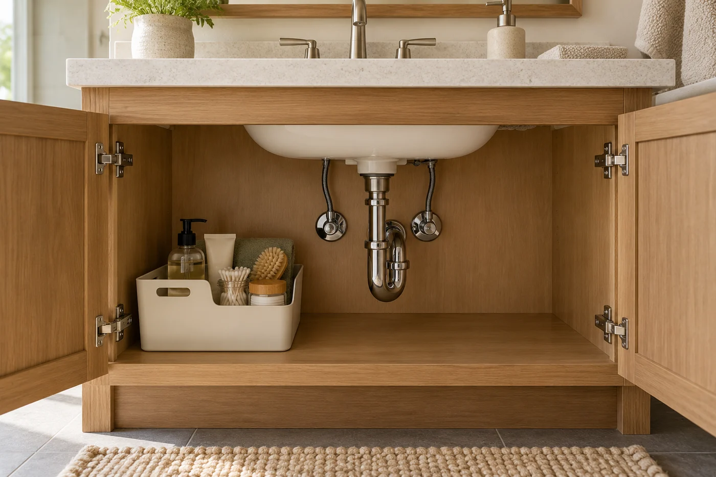 Open vanity with removable toiletries bin beside exposed plumbing and clear shutoff access.