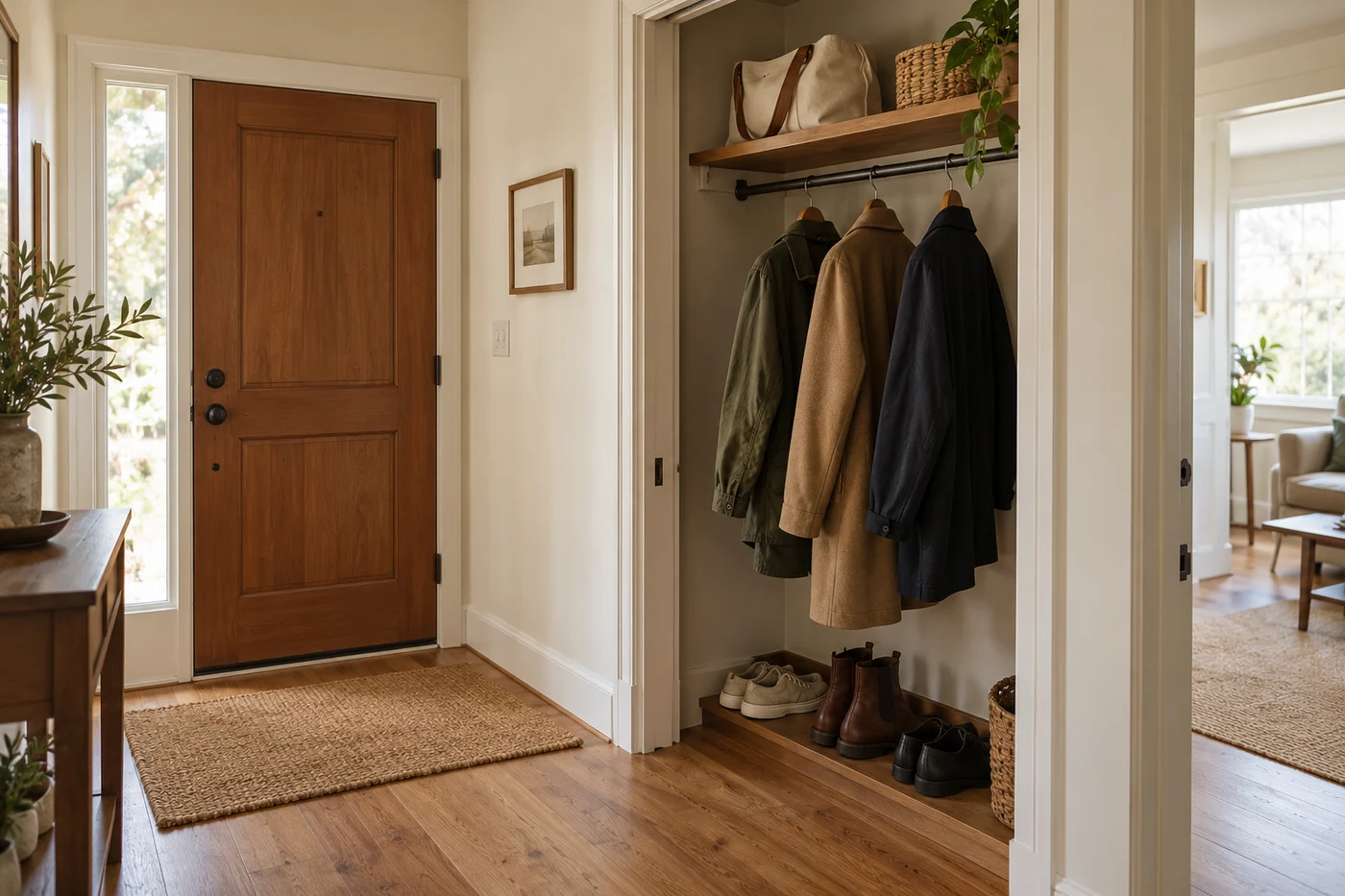 Coats and a daily bag arranged inside a compact entry closet