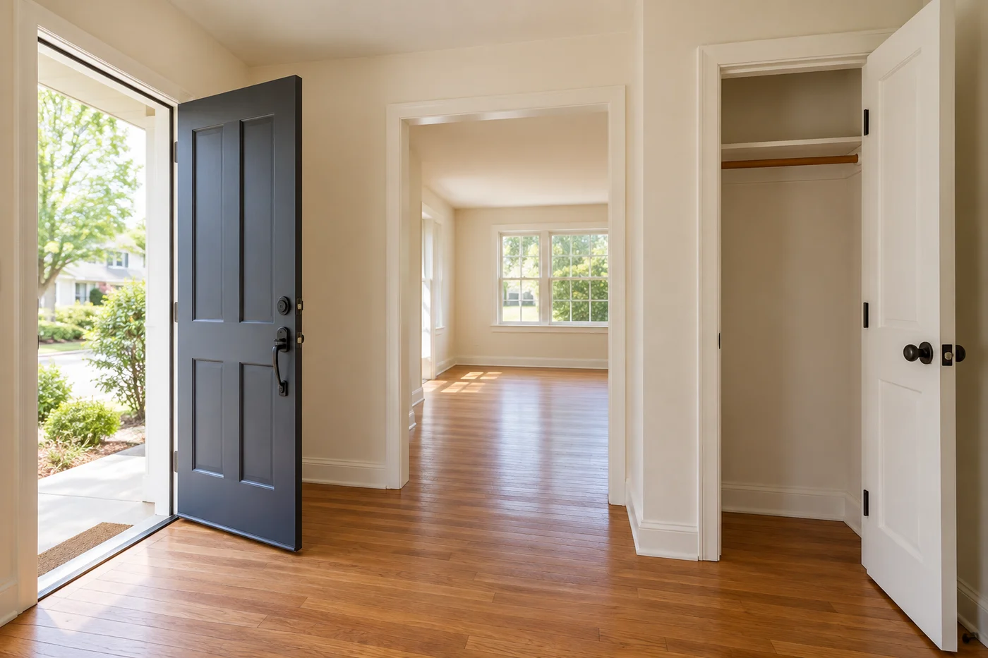 Open entrance door beside a coat closet with an unobstructed walkway