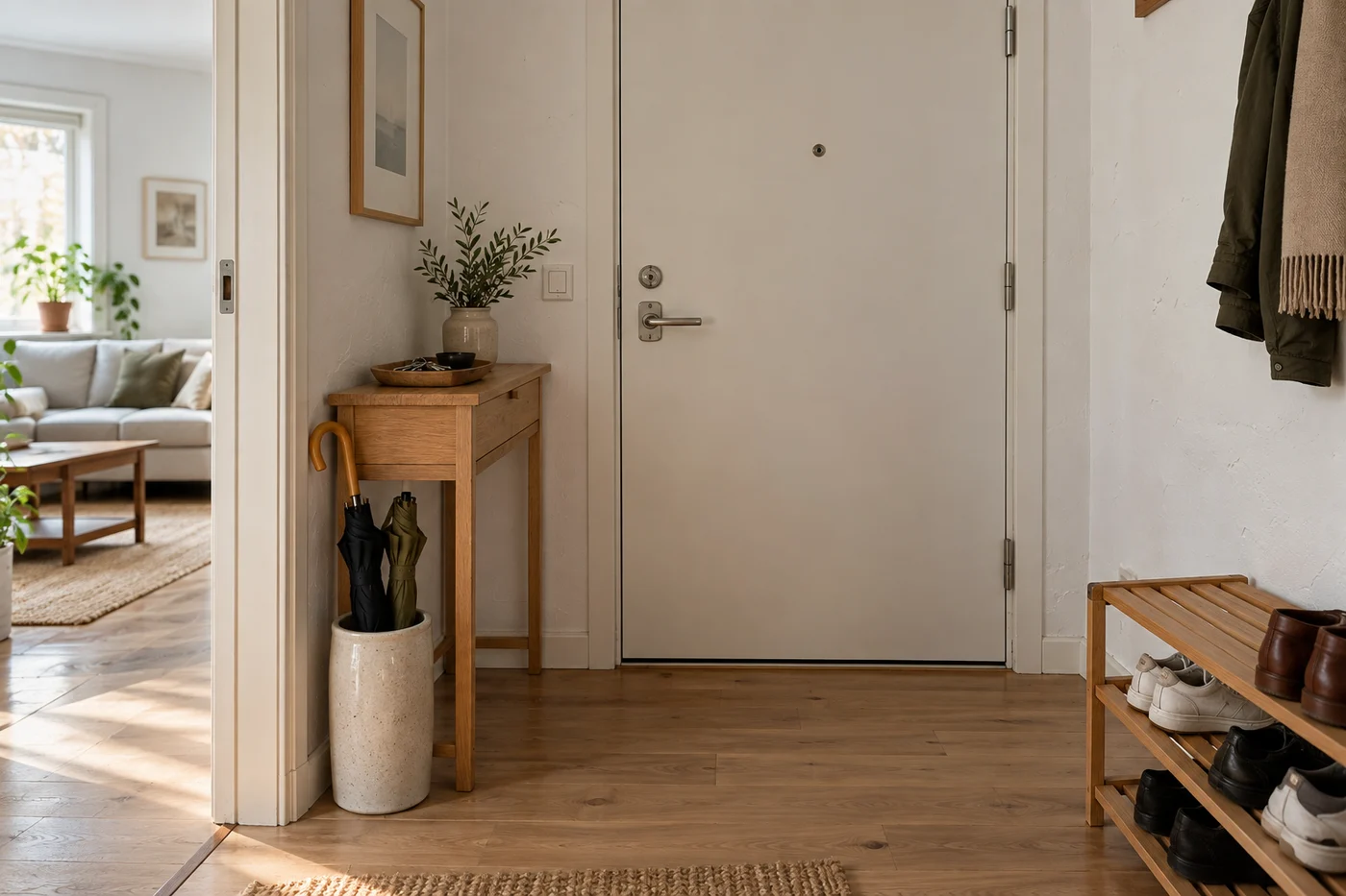Slim wooden landing console and compact shoe rack beside an apartment entrance