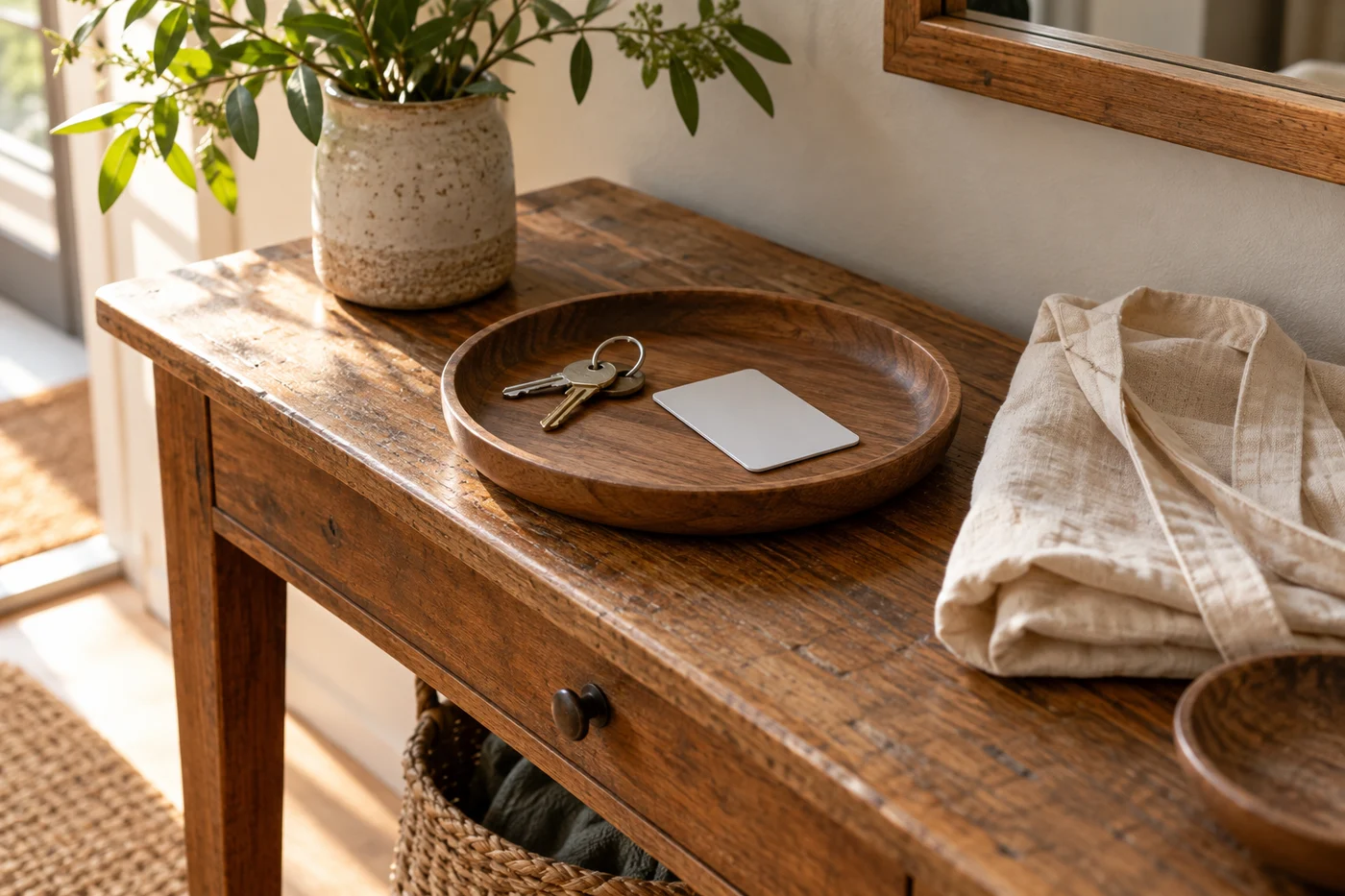 Keys and a folded reusable bag beside a shallow wooden landing tray