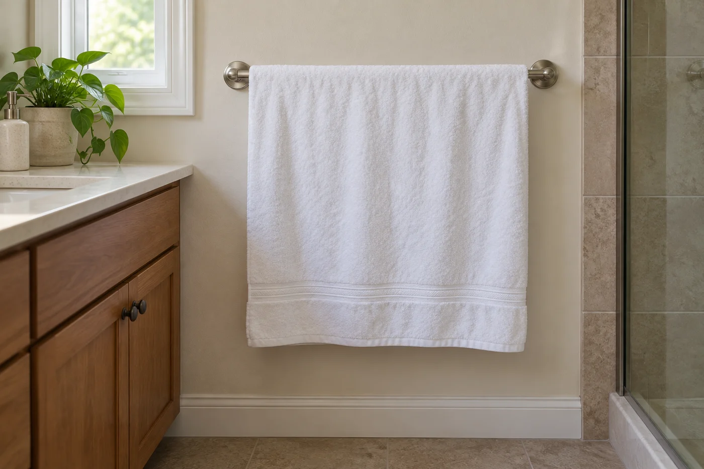Damp towel spread across bar outside shower spray and clear of floor.
