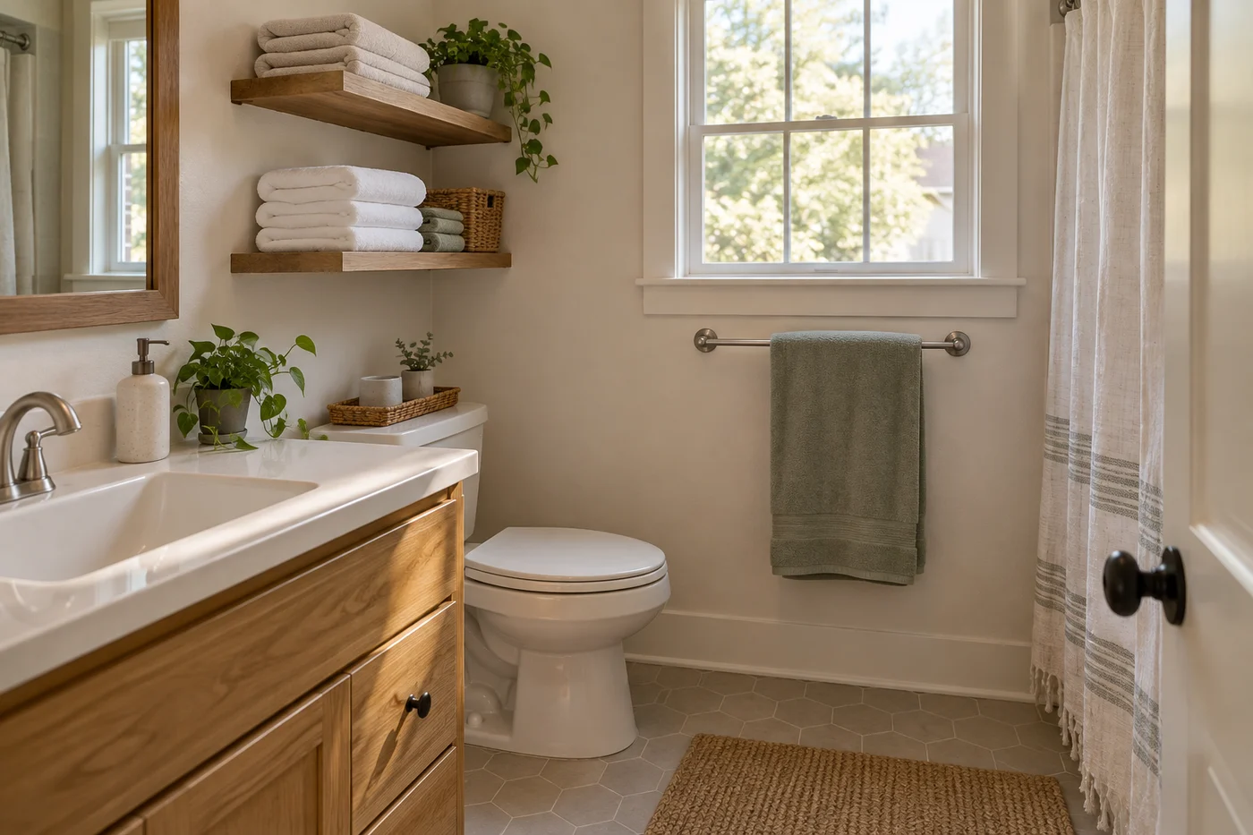 Small bathroom with short dry towel stacks on shelf and used towels separately spread on bar.