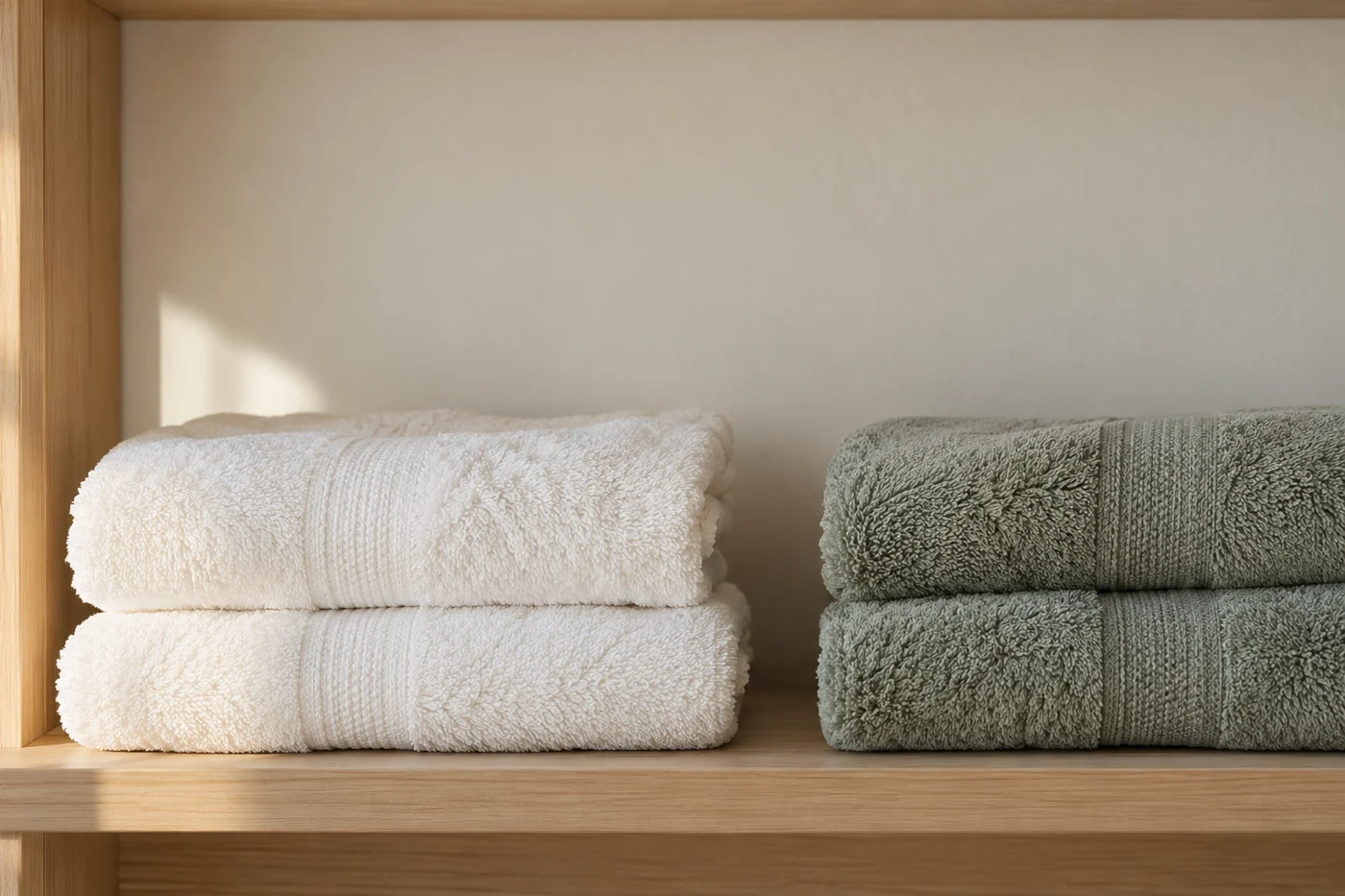 Folded bath towels in two short stacks on shelf with clear hand space above.