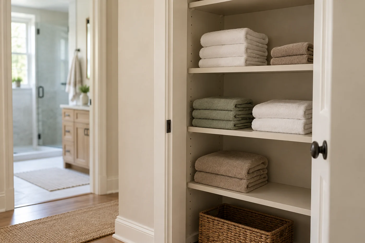 Clean reserve towels in dry hallway linen cupboard with modest bathroom supply.