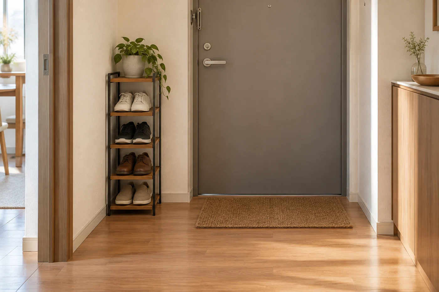 Compact four-level open shoe rack beside an apartment entrance with a clear walkway