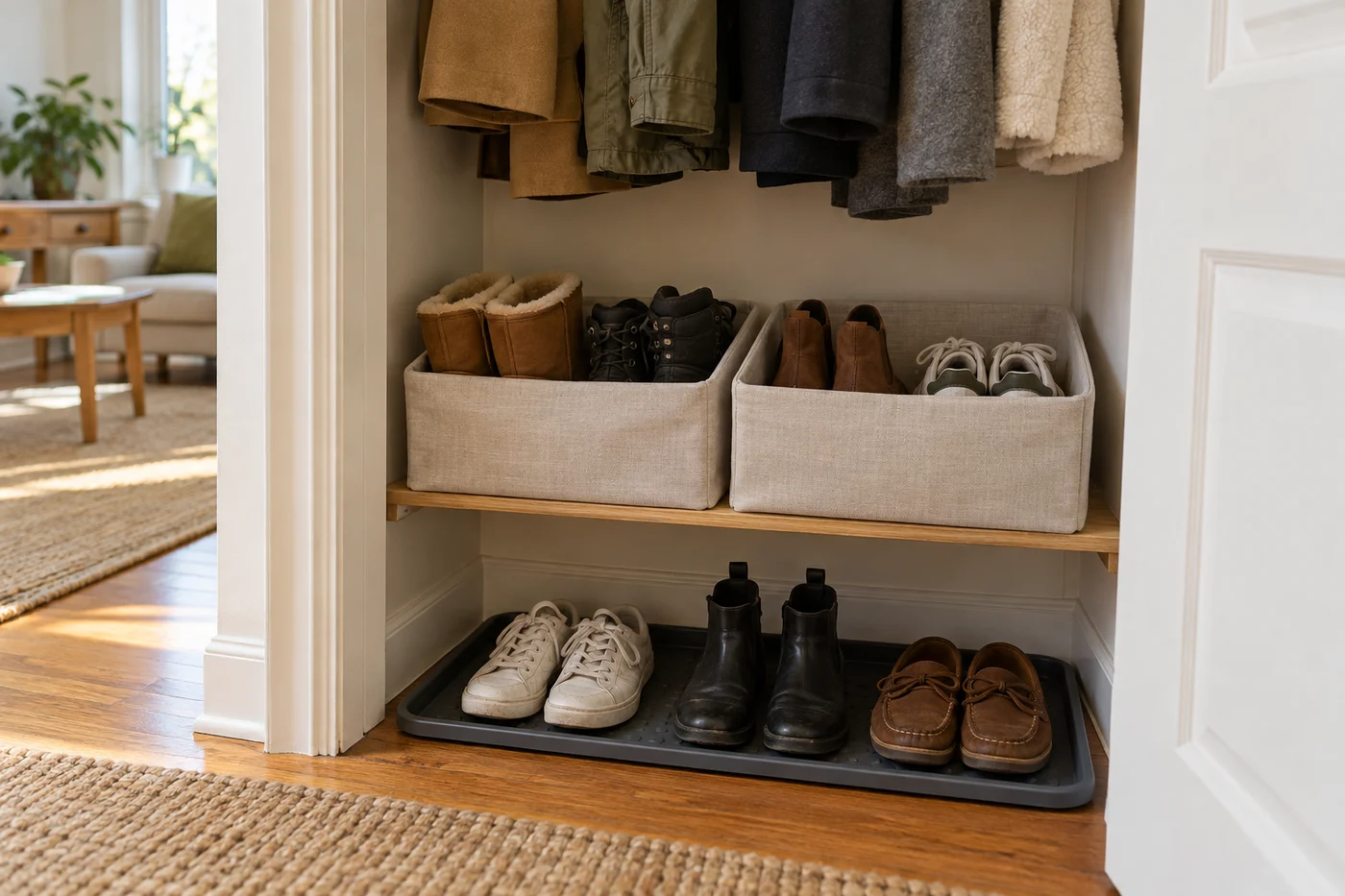 Reserve shoes in fabric bins above a daily shoe tray in a coat closet