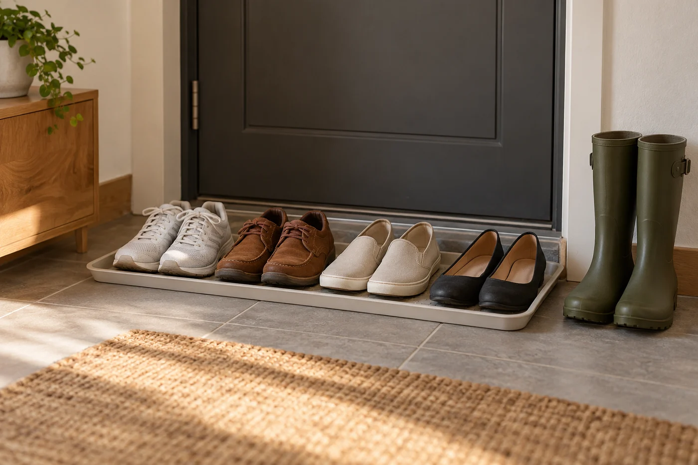 Everyday shoes on a shallow tray beside tall boots