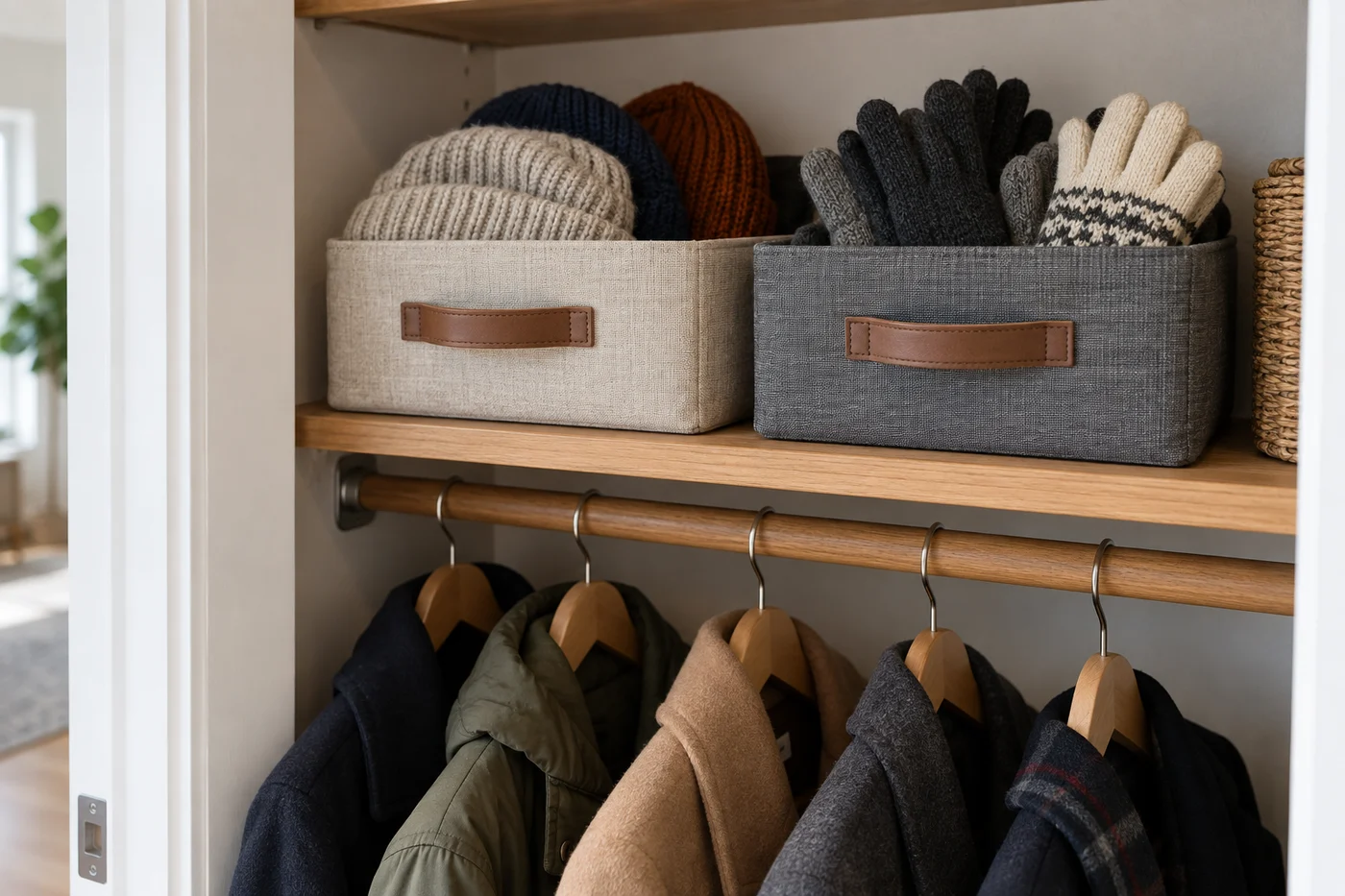 Small hat and glove bins on existing shelf with reachable handles and uncluttered rail.