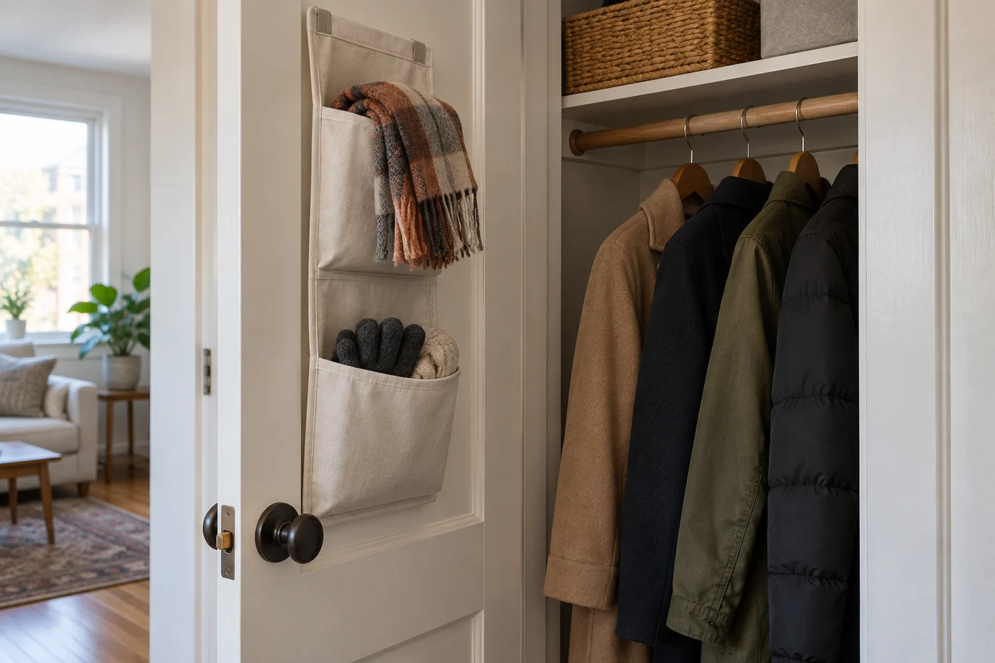 Hall closet door open with shallow lightweight pocket organizer clear of latch and coat shoulders.