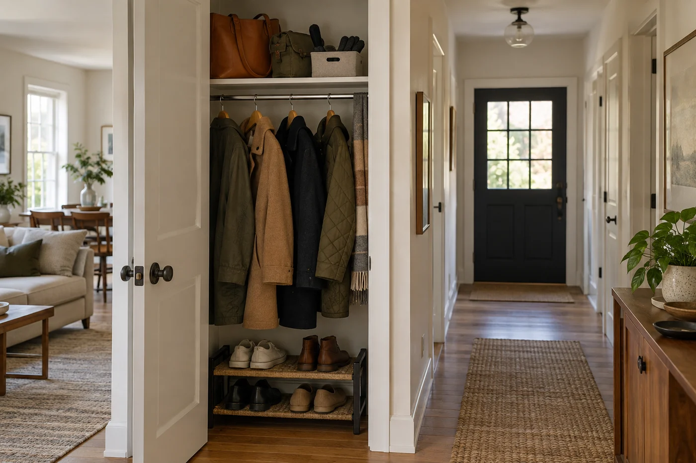 Narrow hall closet with current coats bags on reachable shelf and low shoe tray clear of coat hems.