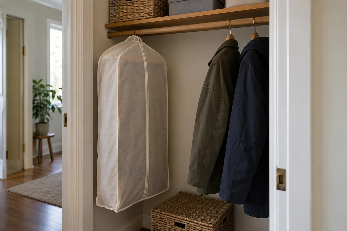 Dry off-season coat in suitable cover on reserve rail separated from current jackets.