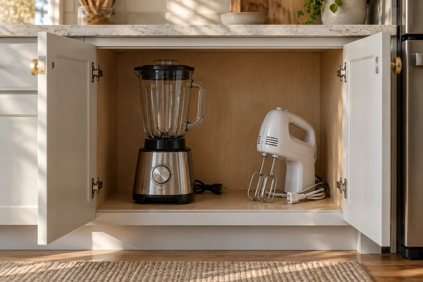 Small appliances stored upright in an open base cabinet