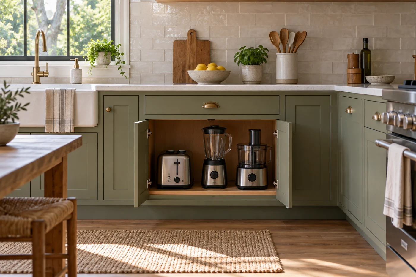 Small kitchen with upright appliances stored in an open base cabinet