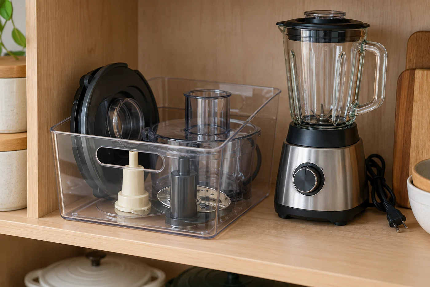 Appliance attachments grouped in a small bin beside a stored appliance