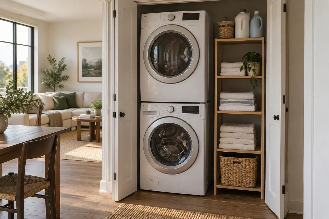 Open laundry alcove with stacked machines and a freestanding side shelf