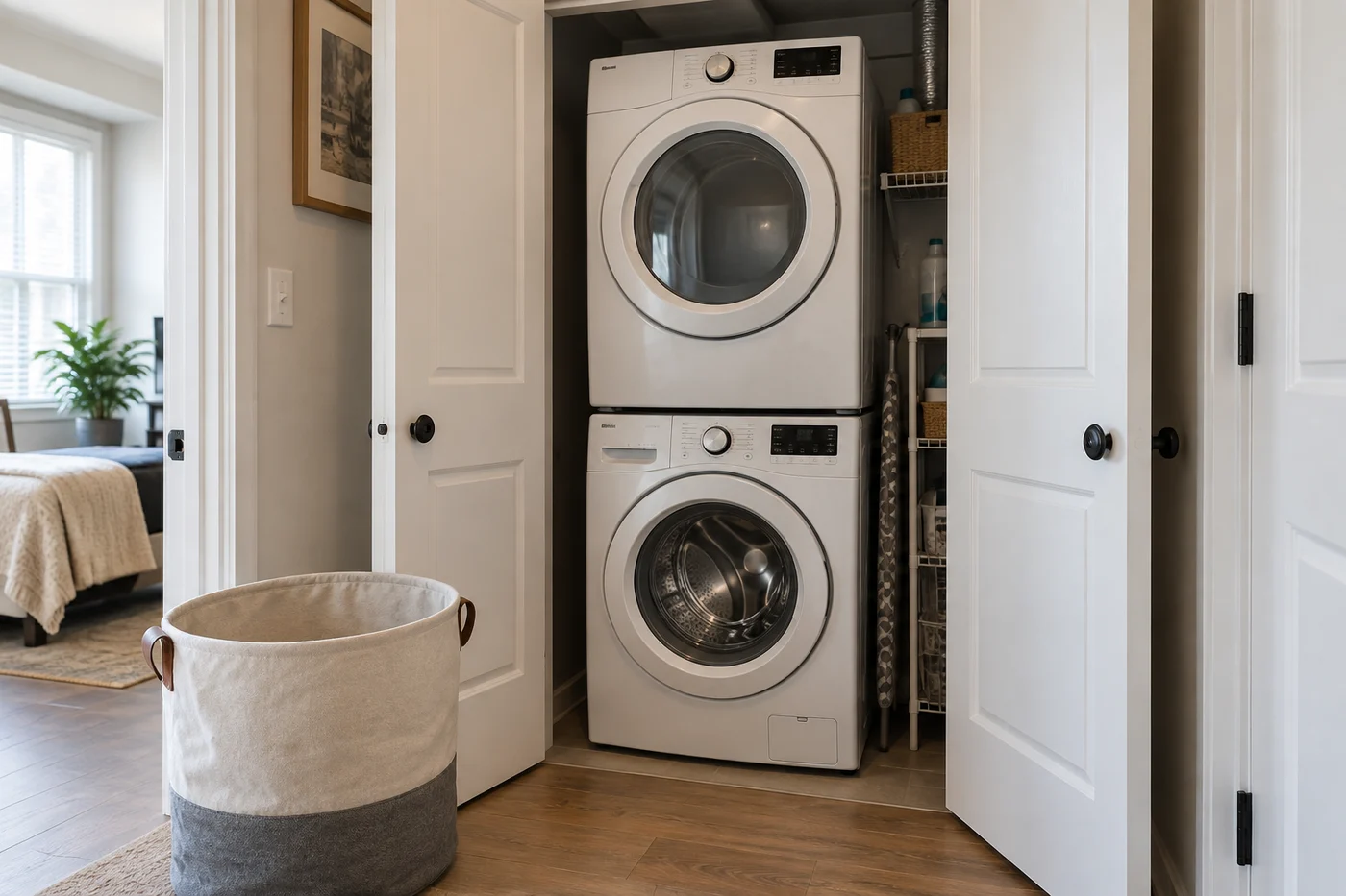 A laundry basket stands outside the appliance opening.