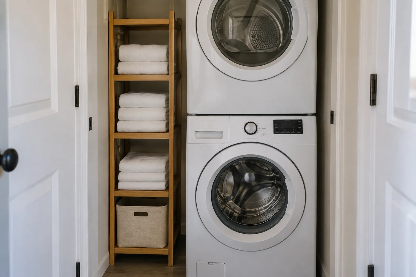 A small shelf keeps laundry supplies separate from machine controls.