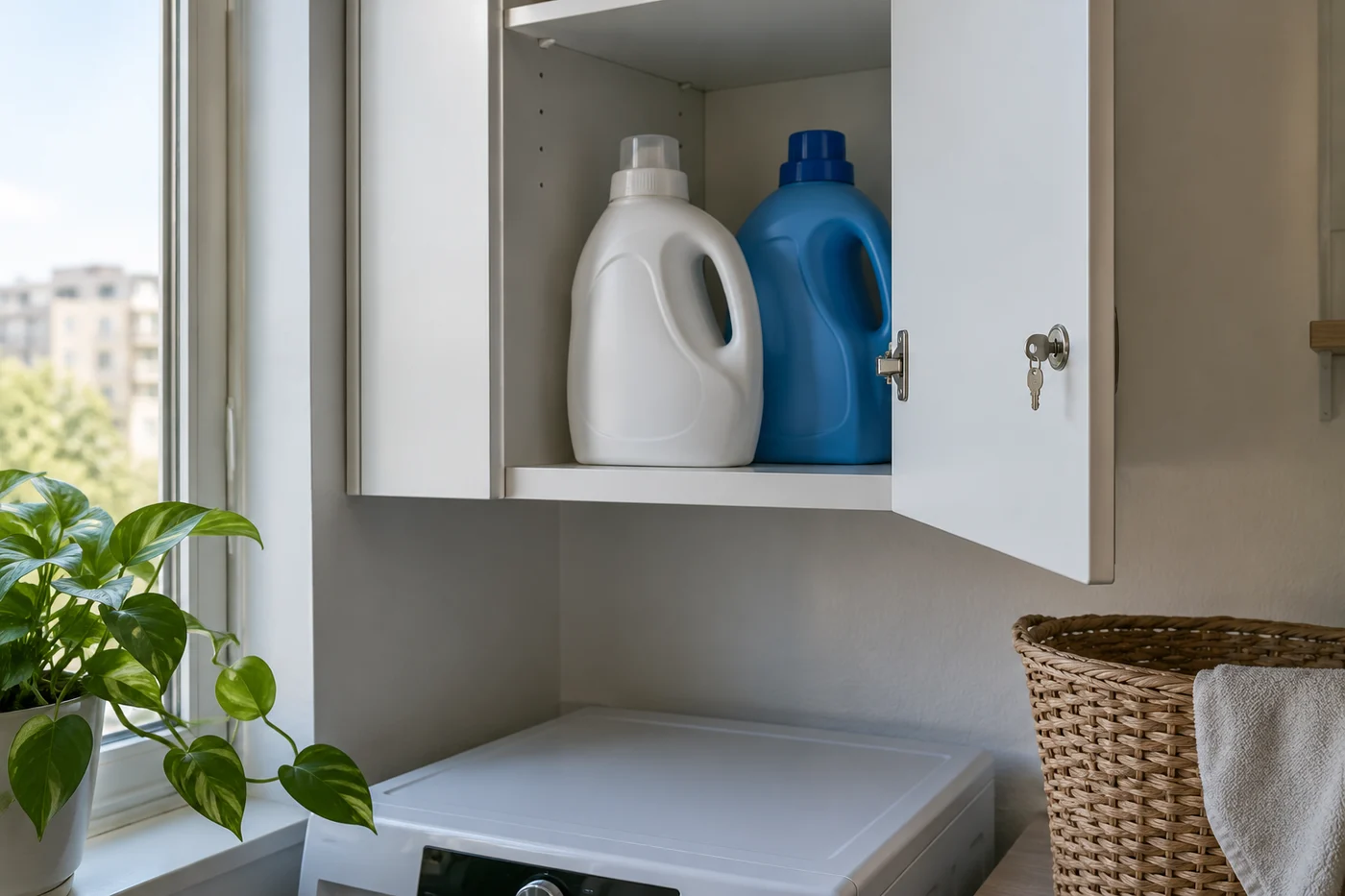 Original laundry supply packages are grouped in a lockable cabinet.