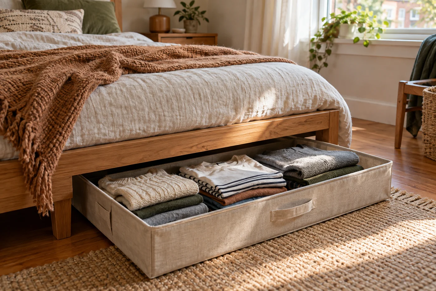 Folded seasonal clothing in a case beneath a wooden bed