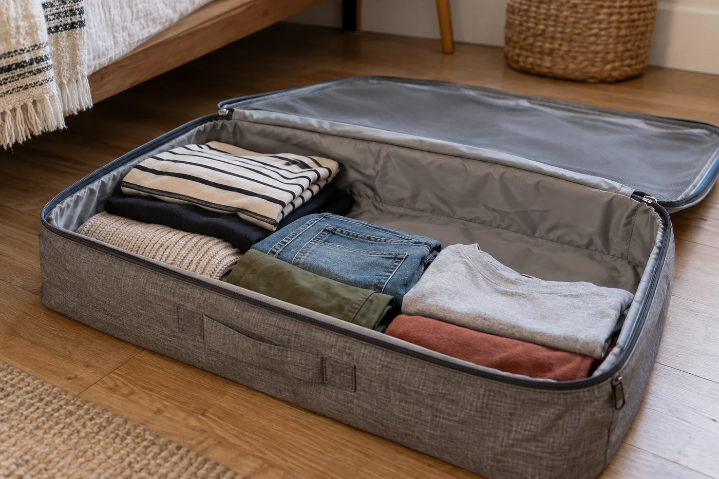 Small groups of folded clothing in an open storage case