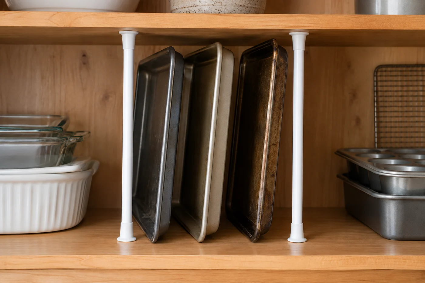 Flat trays rest on a shelf in separate groups.