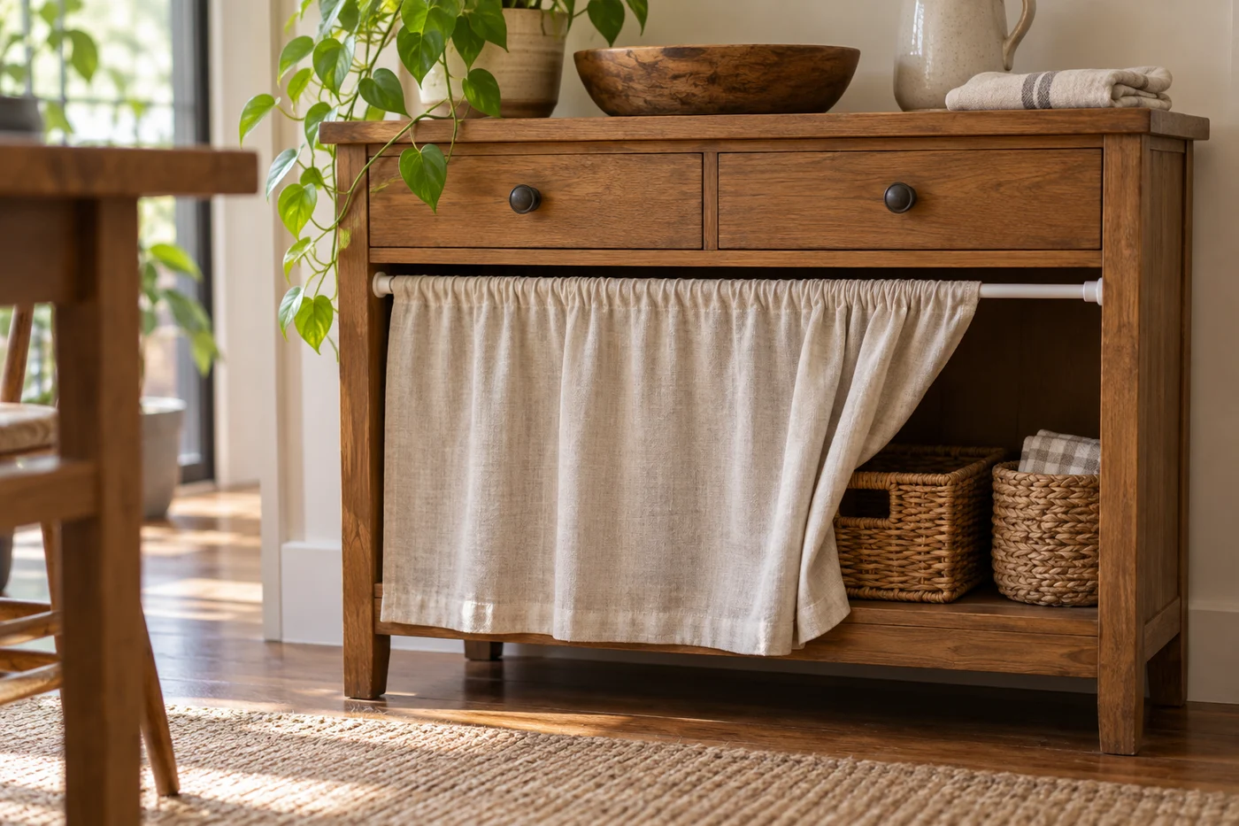 A short rod supports a light curtain in a cabinet opening.
