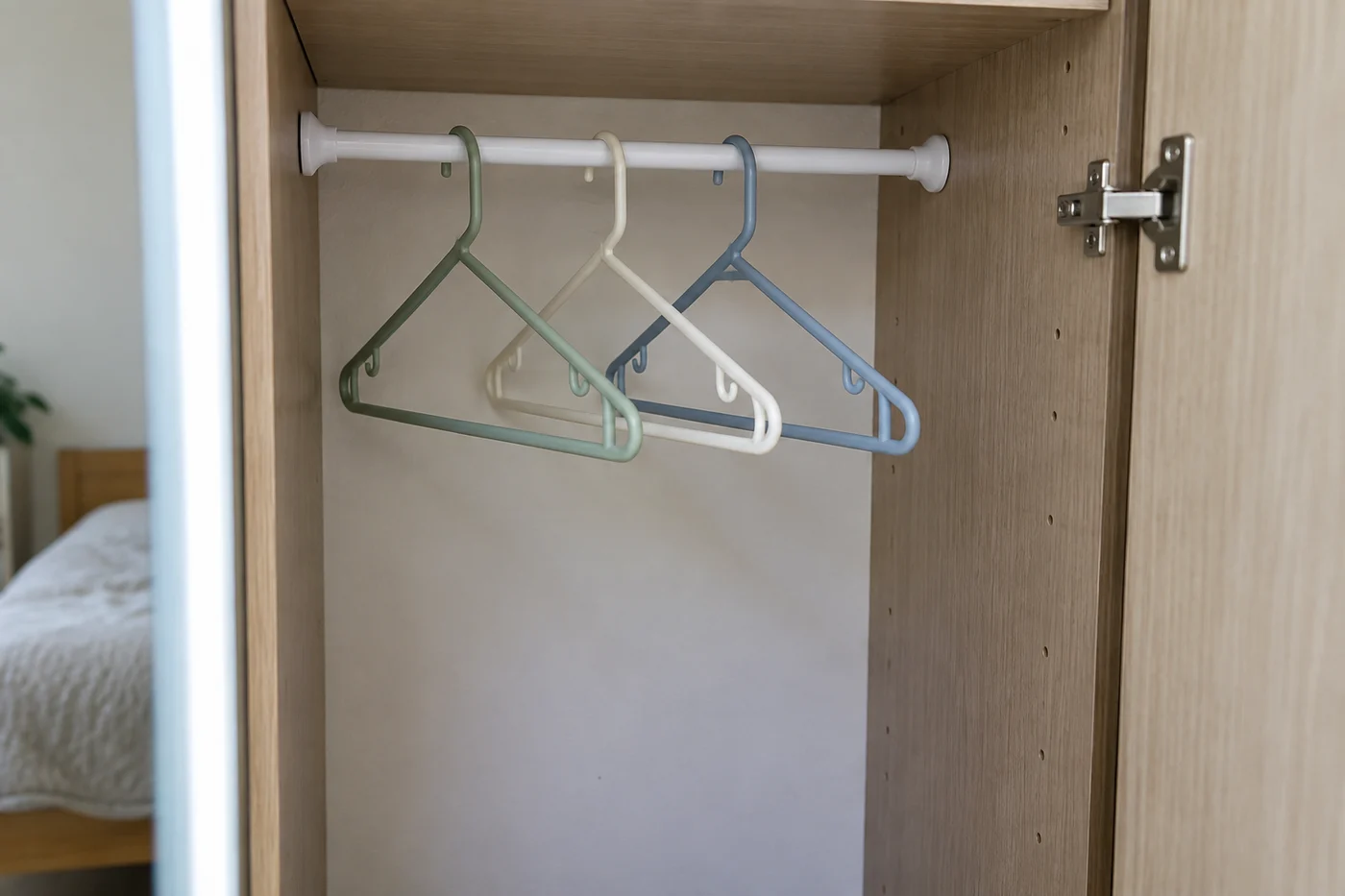 Empty lightweight hangers are grouped on a short rod.