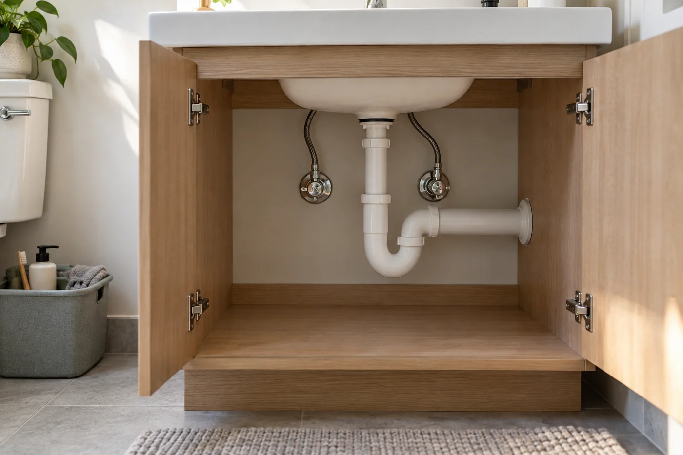 Removable bathroom bin outside a cabinet with clear plumbing access