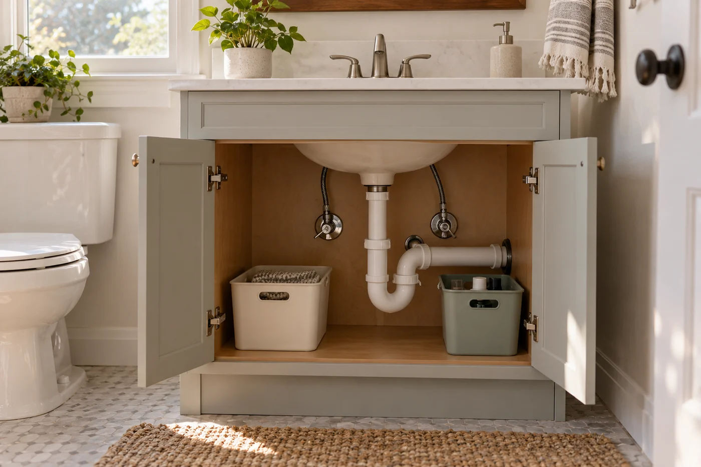 Open vanity cabinet with removable bins beside accessible plumbing