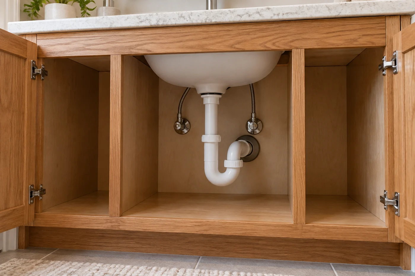 Empty vanity cabinet with clear space around the drain and supply valves