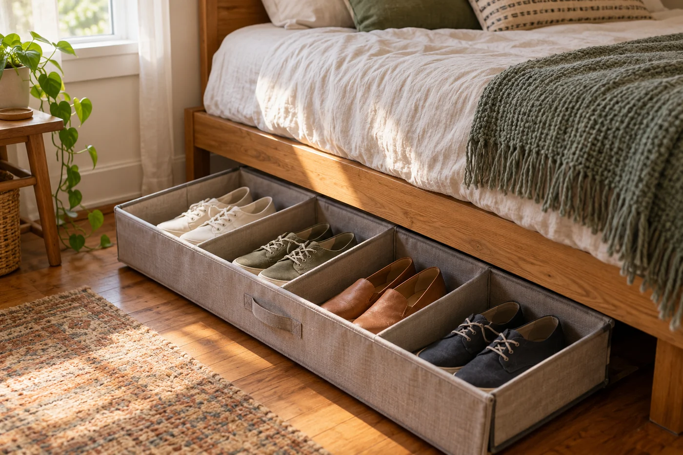 Divided shoe case partly pulled out from beneath a bed