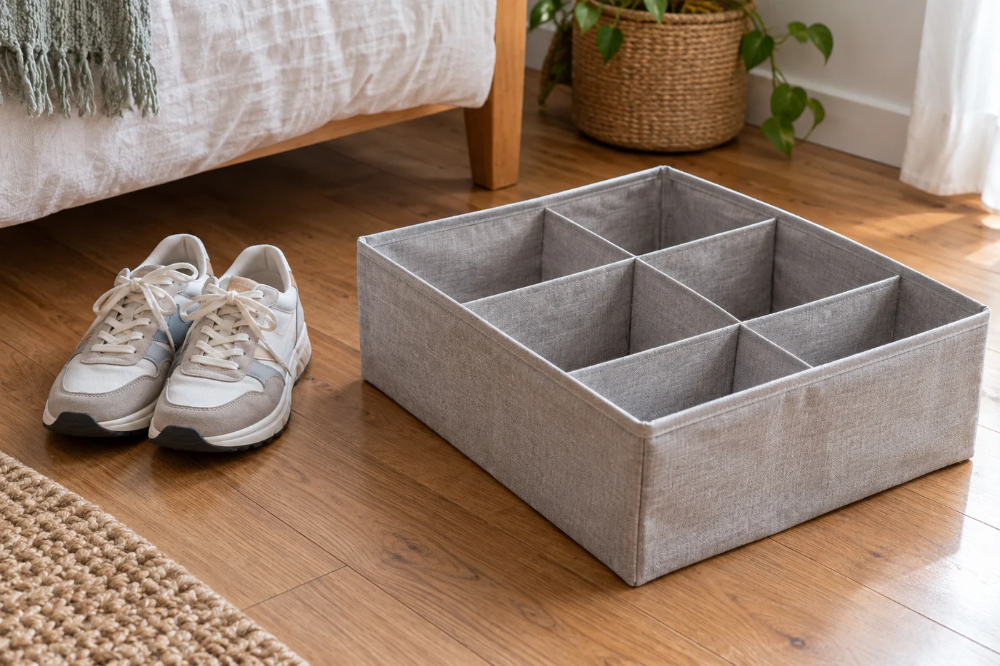 Pair of sneakers beside a shallow divided storage case