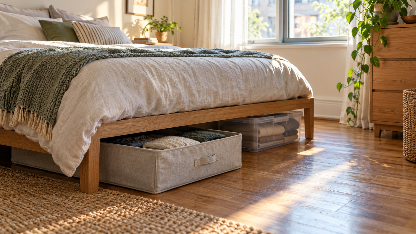 Low-profile storage containers beneath a neatly made bed in a small bedroom